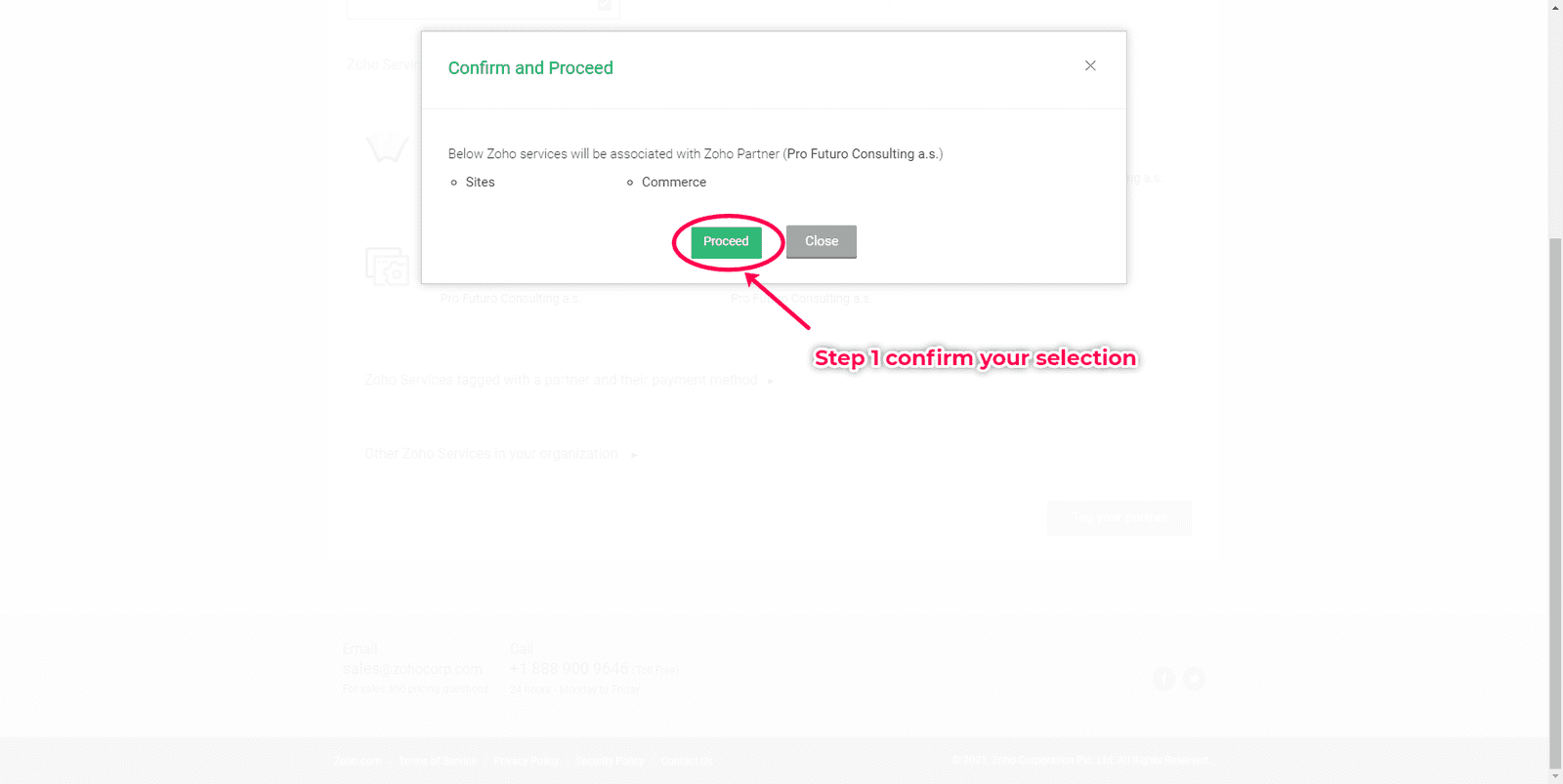 Zoho services confirm popup 